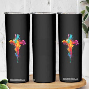 Faith Cross Skinny Tumbler Christian Believe Blessed By God Colorful Watercolor Graphic TS10 Print Your Wear