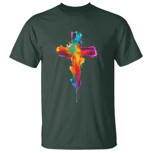 Faith Cross T Shirt Christian Believe Blessed By God Colorful Watercolor Graphic TS10 Dark Forest Green Print Your Wear