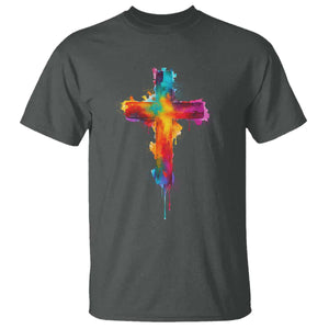 Faith Cross T Shirt Christian Believe Blessed By God Colorful Watercolor Graphic TS10 Dark Heather Print Your Wear