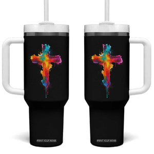 Faith Cross Tumbler With Handle Christian Believe Blessed By God Colorful Watercolor Graphic TS10 One Size: 40 oz Black Print Your Wear