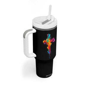 Faith Cross Tumbler With Handle Christian Believe Blessed By God Colorful Watercolor Graphic TS10 Print Your Wear