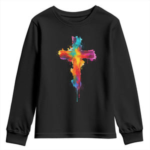Faith Cross Youth Sweatshirt Christian Believe Blessed By God Colorful Watercolor Graphic TS10 Black Print Your Wear