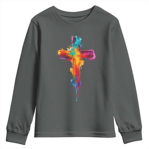Faith Cross Youth Sweatshirt Christian Believe Blessed By God Colorful Watercolor Graphic TS10 Dark Heather Print Your Wear