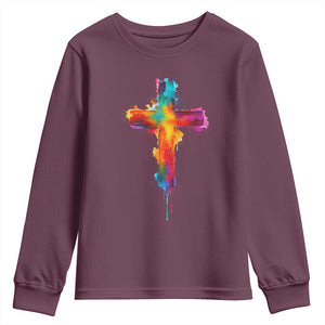 Faith Cross Youth Sweatshirt Christian Believe Blessed By God Colorful Watercolor Graphic TS10 Maroon Print Your Wear