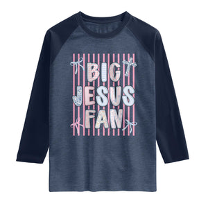 Big Jesus Fan Raglan Shirt Striped Preppy Christian Believer Faith God Religious Gifts TS10 Heather Denim Navy Print Your Wear