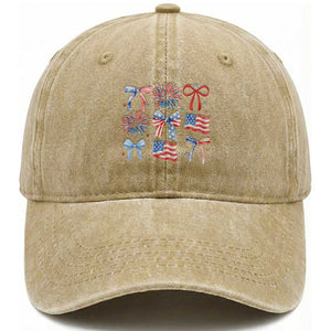 Coquette 4th Of July Washed Cotton Baseball Cap Patriotic Bow American Flag TS10 Washed Cap Universal Fit Khaki Print Your Wear