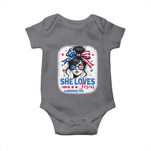 She Loves Jesus And America Too Baby Onesie Christian 4th of July Messy Bun Flag TS10 Charcoal Print Your Wear