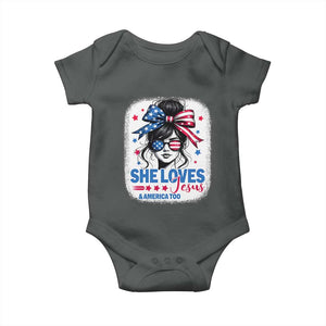She Loves Jesus And America Too Baby Onesie Christian 4th of July Messy Bun Flag TS10 Dark Heather Print Your Wear
