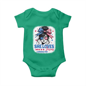 She Loves Jesus And America Too Baby Onesie Christian 4th of July Messy Bun Flag TS10 Irish Green Print Your Wear