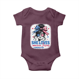 She Loves Jesus And America Too Baby Onesie Christian 4th of July Messy Bun Flag TS10 Maroon Print Your Wear