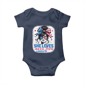 She Loves Jesus And America Too Baby Onesie Christian 4th of July Messy Bun Flag TS10 Navy Print Your Wear