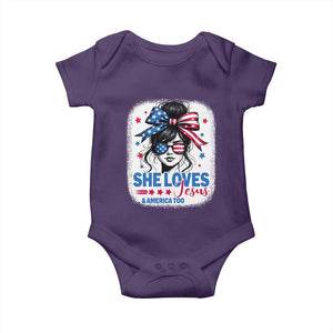 She Loves Jesus And America Too Baby Onesie Christian 4th of July Messy Bun Flag TS10 Purple Print Your Wear