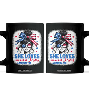 She Loves Jesus And America Too Coffee Mug Christian 4th of July Messy Bun Flag TS10 Black Print Your Wear