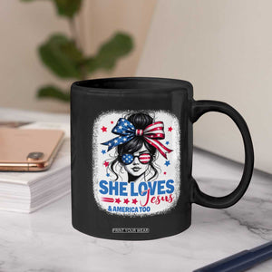 She Loves Jesus And America Too Coffee Mug Christian 4th of July Messy Bun Flag TS10 Print Your Wear
