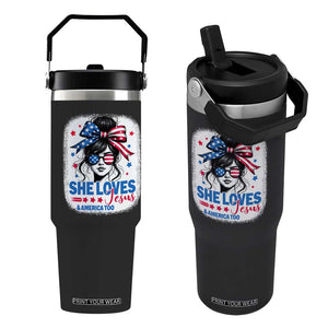 She Loves Jesus And America Too Flip Straw Tumbler Christian 4th of July Messy Bun Flag TS10 One Size: 30 oz Black Print Your Wear