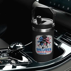 She Loves Jesus And America Too Flip Straw Tumbler Christian 4th of July Messy Bun Flag TS10 Print Your Wear