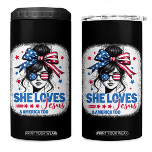 She Loves Jesus And America Too 4 in 1 Can Cooler Tumbler Christian 4th of July Messy Bun Flag TS10 One Size: 16 oz Black Print Your Wear