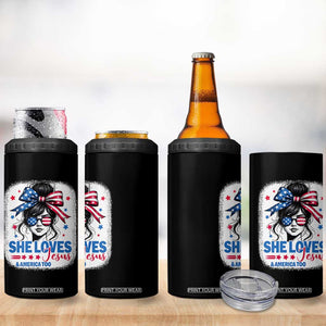 She Loves Jesus And America Too 4 in 1 Can Cooler Tumbler Christian 4th of July Messy Bun Flag TS10 Print Your Wear