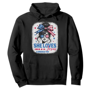 She Loves Jesus And America Too Hoodie Christian 4th of July Messy Bun Flag TS10 Black Print Your Wear