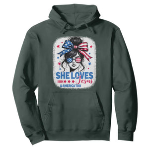She Loves Jesus And America Too Hoodie Christian 4th of July Messy Bun Flag TS10 Dark Forest Green Print Your Wear