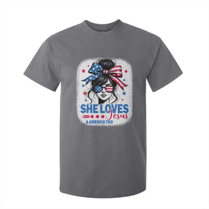 She Loves Jesus And America Too T Shirt For Kid Christian 4th of July Messy Bun Flag TS10 Charcoal Print Your Wear