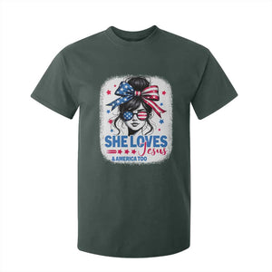 She Loves Jesus And America Too T Shirt For Kid Christian 4th of July Messy Bun Flag TS10 Dark Forest Green Print Your Wear