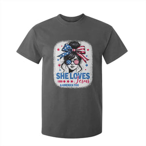 She Loves Jesus And America Too T Shirt For Kid Christian 4th of July Messy Bun Flag TS10 Dark Heather Print Your Wear