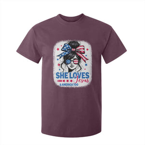 She Loves Jesus And America Too T Shirt For Kid Christian 4th of July Messy Bun Flag TS10 Maroon Print Your Wear