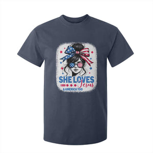 She Loves Jesus And America Too T Shirt For Kid Christian 4th of July Messy Bun Flag TS10 Navy Print Your Wear