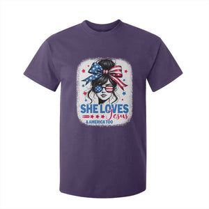 She Loves Jesus And America Too T Shirt For Kid Christian 4th of July Messy Bun Flag TS10 Purple Print Your Wear