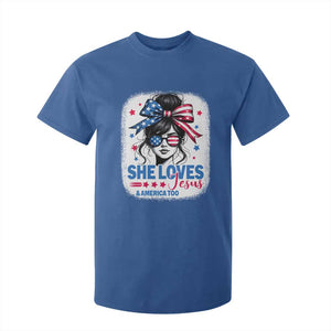 She Loves Jesus And America Too T Shirt For Kid Christian 4th of July Messy Bun Flag TS10 Royal Blue Print Your Wear