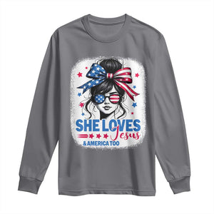 She Loves Jesus And America Too Long Sleeve Shirt Christian 4th of July Messy Bun Flag TS10 Charcoal Print Your Wear