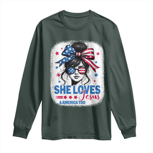 She Loves Jesus And America Too Long Sleeve Shirt Christian 4th of July Messy Bun Flag TS10 Dark Forest Green Print Your Wear