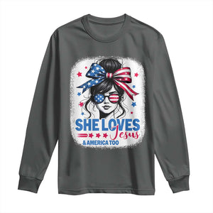 She Loves Jesus And America Too Long Sleeve Shirt Christian 4th of July Messy Bun Flag TS10 Dark Heather Print Your Wear