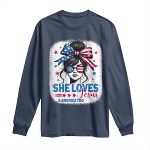 She Loves Jesus And America Too Long Sleeve Shirt Christian 4th of July Messy Bun Flag TS10 Navy Print Your Wear