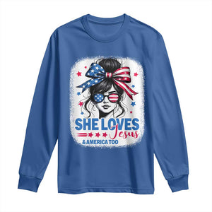 She Loves Jesus And America Too Long Sleeve Shirt Christian 4th of July Messy Bun Flag TS10 Royal Blue Print Your Wear