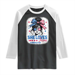 She Loves Jesus And America Too Raglan Shirt Christian 4th of July Messy Bun Flag TS10 Black White Print Your Wear