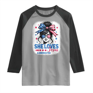 She Loves Jesus And America Too Raglan Shirt Christian 4th of July Messy Bun Flag TS10 Sport Gray Black Print Your Wear
