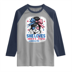 She Loves Jesus And America Too Raglan Shirt Christian 4th of July Messy Bun Flag TS10 Sport Gray Navy Print Your Wear