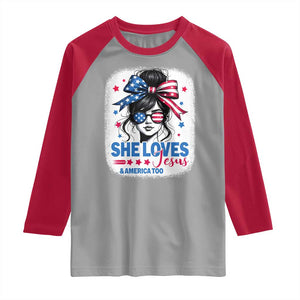 She Loves Jesus And America Too Raglan Shirt Christian 4th of July Messy Bun Flag TS10 Sport Gray Red Print Your Wear