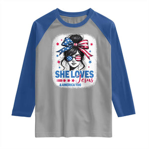 She Loves Jesus And America Too Raglan Shirt Christian 4th of July Messy Bun Flag TS10 Sport Gray Royal Print Your Wear