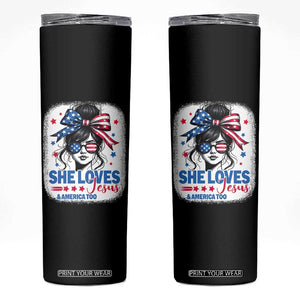 She Loves Jesus And America Too Skinny Tumbler Christian 4th of July Messy Bun Flag TS10 Black Print Your Wear