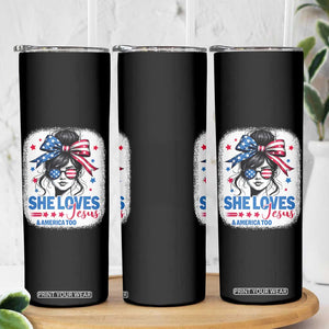 She Loves Jesus And America Too Skinny Tumbler Christian 4th of July Messy Bun Flag TS10 Print Your Wear