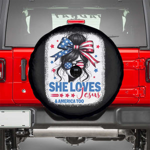 She Loves Jesus And America Too Spare Tire Cover Christian 4th of July Messy Bun Flag TS10 Black Print Your Wear