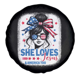 She Loves Jesus And America Too Spare Tire Cover Christian 4th of July Messy Bun Flag TS10 Print Your Wear