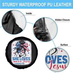 She Loves Jesus And America Too Spare Tire Cover Christian 4th of July Messy Bun Flag TS10 Print Your Wear