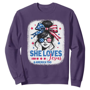 She Loves Jesus And America Too Sweatshirt Christian 4th of July Messy Bun Flag TS10 Purple Print Your Wear
