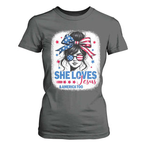 She Loves Jesus And America Too T Shirt For Women Christian 4th of July Messy Bun Flag TS10 Dark Heather Print Your Wear