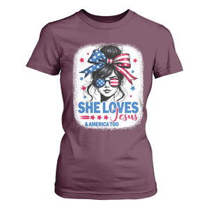 She Loves Jesus And America Too T Shirt For Women Christian 4th of July Messy Bun Flag TS10 Maroon Print Your Wear
