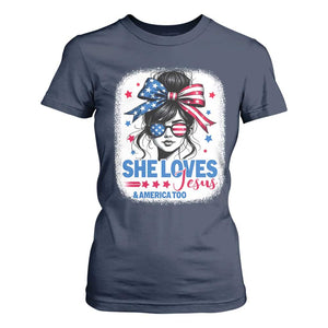 She Loves Jesus And America Too T Shirt For Women Christian 4th of July Messy Bun Flag TS10 Navy Print Your Wear